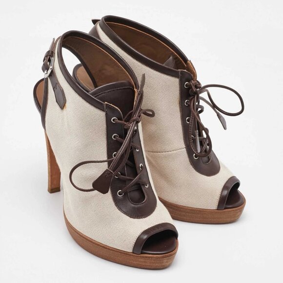 Hermes Off White/Brown Canvas and Leather Platform Booties Size 37 488-050125 - Picture 3 of 9